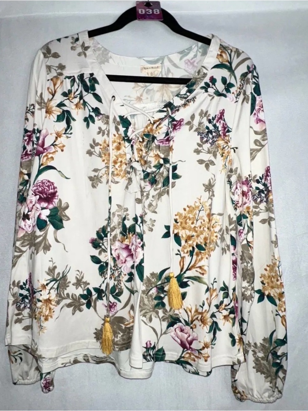 Hem & Thread Large Floral Lace-Up Long Sleeve Top - PTP 22"